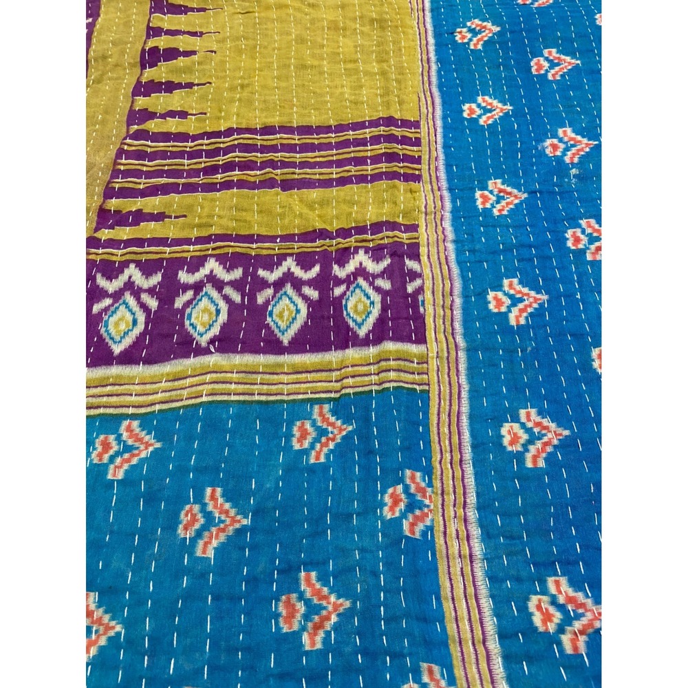 Kantha Quilt Hand Stitched Paisley Cotton Throw Blanket Reversible Blue Red Gold